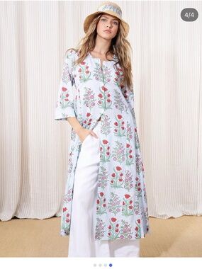 Roller Rabbit Floral Cotton Maxi Dress XS Blue Red Block Print 3/4 Sleeve